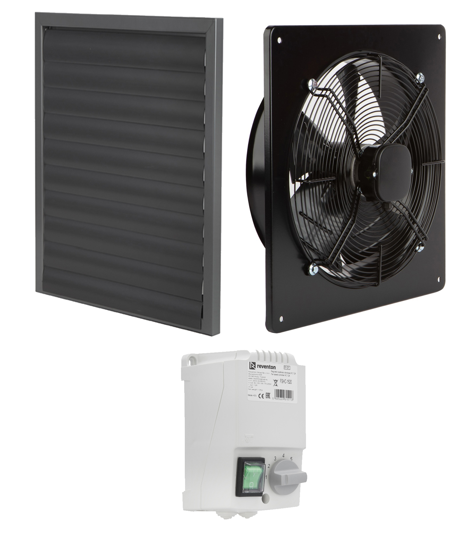 Wentylator osiowy ścienny przemysłowy fi 200 z żaluzją grawitacyjną oraz regulatorem obrotów.